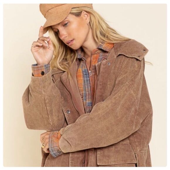 POL 𝅺corduroy Hooded Long Coat in Teddy Bear - Picture 4 of 12